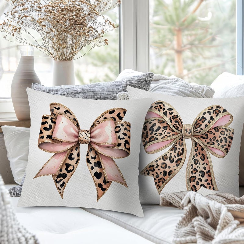 Nipil Trendy Coquette Leopard Bow Pillow Covers 18x18 Set of 2, Coquette Room Decor, Cheetah Print Room Decor, Leopard Print Decorative Throw Pillow Covers Pillowcases for Girly Bedroom Dorm Apartment - Image 3